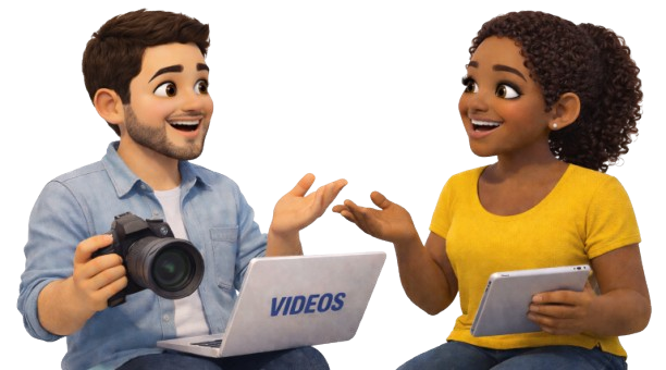 Pixar-style 3D illustration of employers creating and reviewing staffing videos
